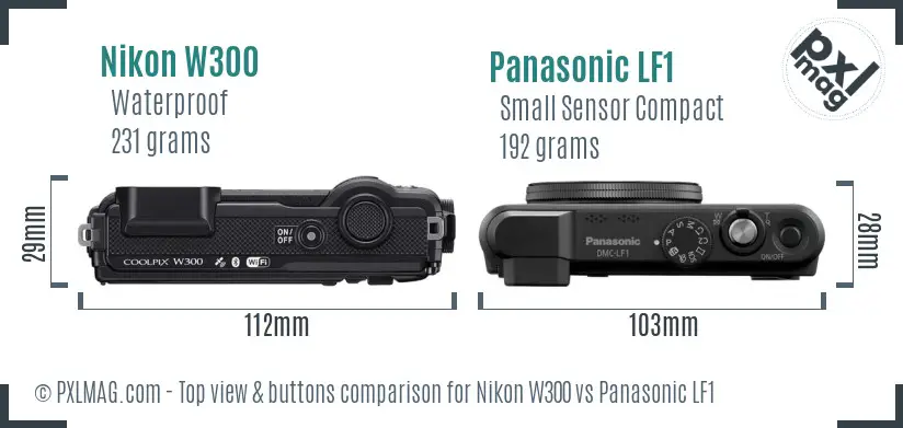 Nikon W300 vs Panasonic LF1 top view buttons comparison Nikon W300 vs Panasonic LF1 top view buttons comparison