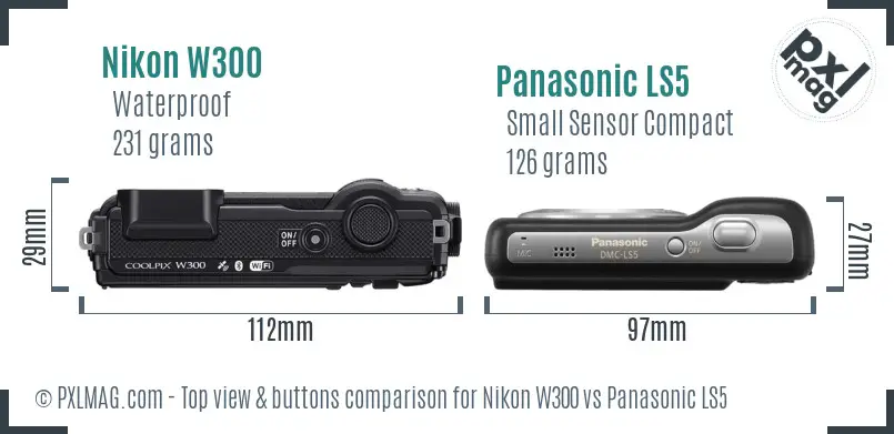 Nikon W300 vs Panasonic LS5 top view buttons comparison Nikon W300 vs Panasonic LS5 top view buttons comparison