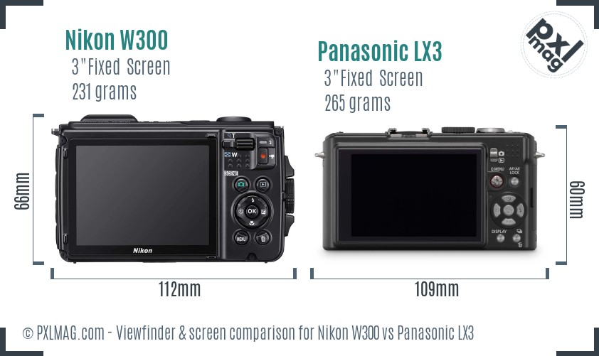 Nikon W300 vs Panasonic LX3 Screen and Viewfinder comparison