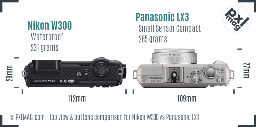 Nikon W300 vs Panasonic LX3 top view buttons comparison