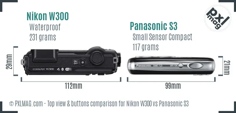 Nikon W300 vs Panasonic S3 top view buttons comparison