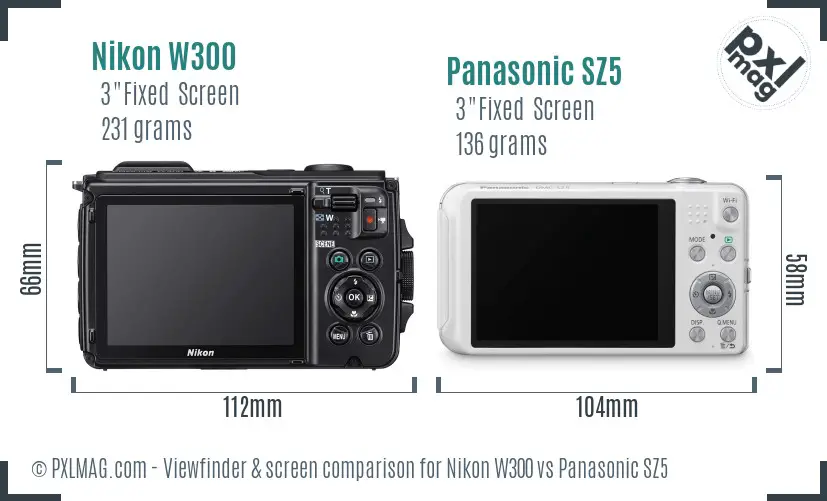 Nikon W300 vs Panasonic SZ5 Screen and Viewfinder comparison