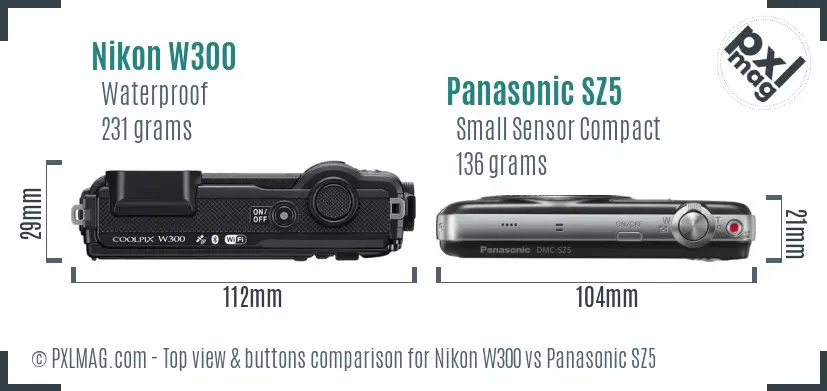 Nikon W300 vs Panasonic SZ5 top view buttons comparison