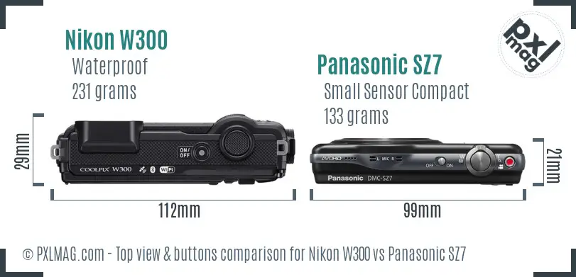 Nikon W300 vs Panasonic SZ7 top view buttons comparison Nikon W300 vs Panasonic SZ7 top view buttons comparison