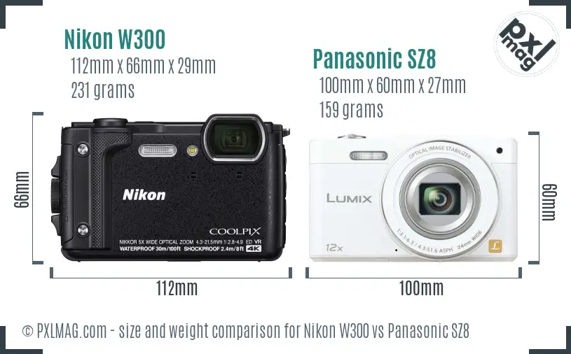 Nikon W300 vs Panasonic SZ8 size comparison