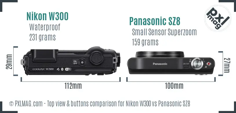 Nikon W300 vs Panasonic SZ8 top view buttons comparison