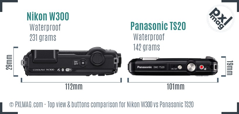 Nikon W300 vs Panasonic TS20 top view buttons comparison