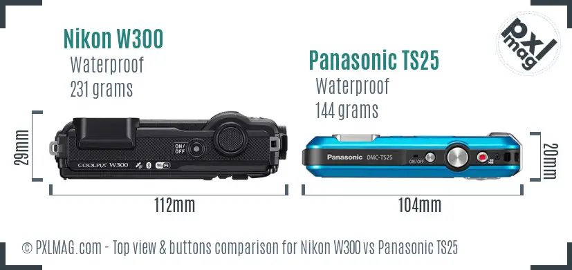Nikon W300 vs Panasonic TS25 top view buttons comparison