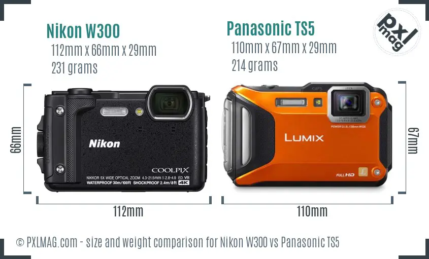 Nikon W300 vs Panasonic TS5 size comparison