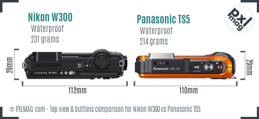 Nikon W300 vs Panasonic TS5 top view buttons comparison