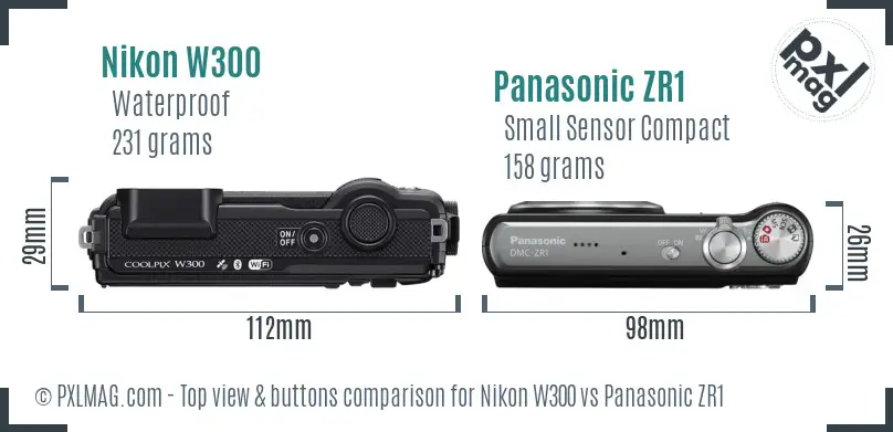 Nikon W300 vs Panasonic ZR1 top view buttons comparison