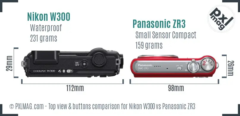 Nikon W300 vs Panasonic ZR3 top view buttons comparison