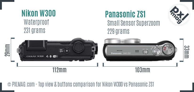 Nikon W300 vs Panasonic ZS1 top view buttons comparison