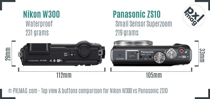 Nikon W300 vs Panasonic ZS10 top view buttons comparison Nikon W300 vs Panasonic ZS10 top view buttons comparison