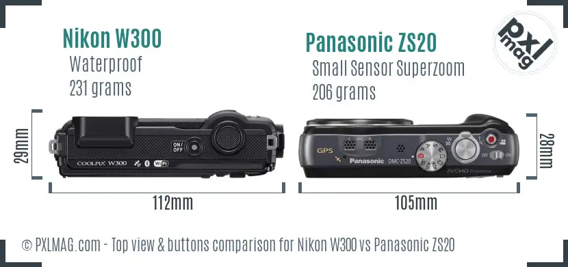 Nikon W300 vs Panasonic ZS20 top view buttons comparison