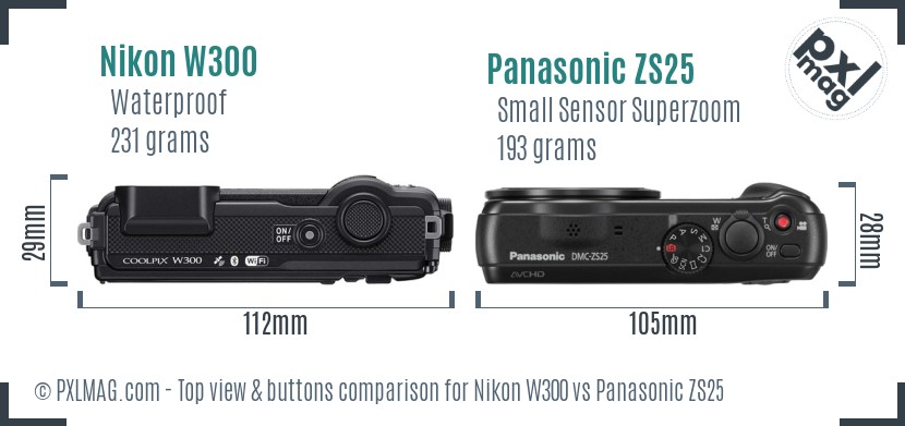 Nikon W300 vs Panasonic ZS25 top view buttons comparison
