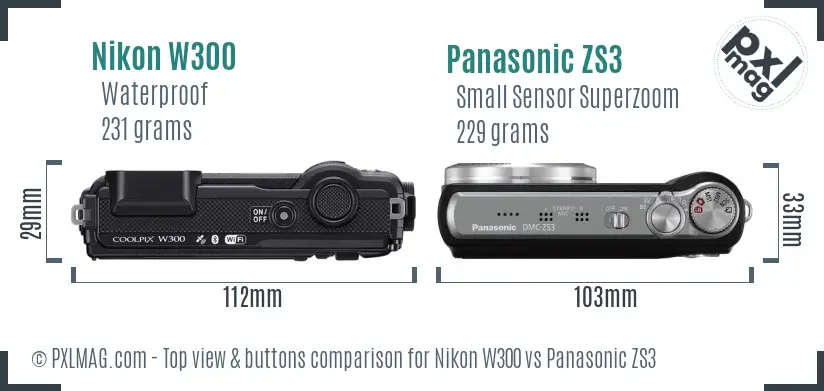Nikon W300 vs Panasonic ZS3 top view buttons comparison