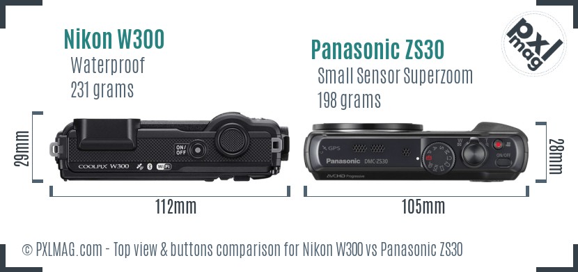 Nikon W300 vs Panasonic ZS30 top view buttons comparison