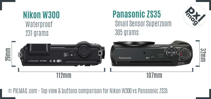 Nikon W300 vs Panasonic ZS35 top view buttons comparison Nikon W300 vs Panasonic ZS35 top view buttons comparison