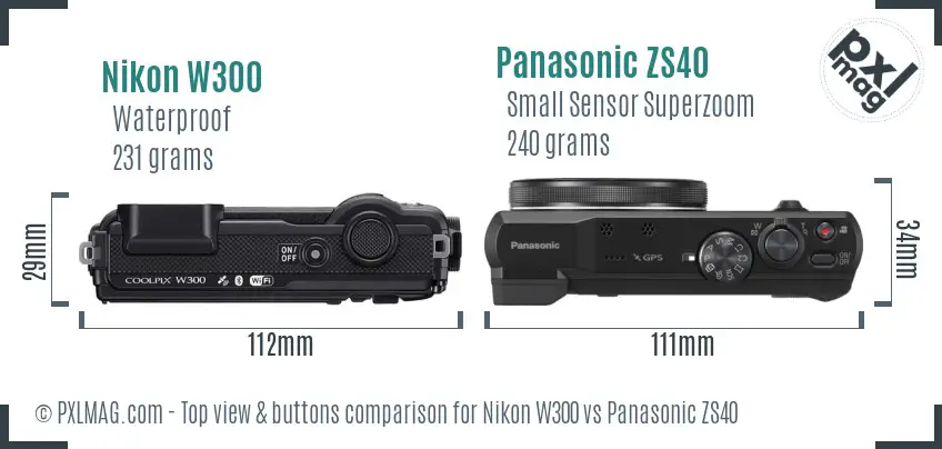 Nikon W300 vs Panasonic ZS40 top view buttons comparison
