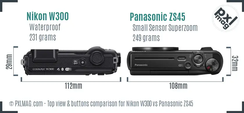 Nikon W300 vs Panasonic ZS45 top view buttons comparison Nikon W300 vs Panasonic ZS45 top view buttons comparison