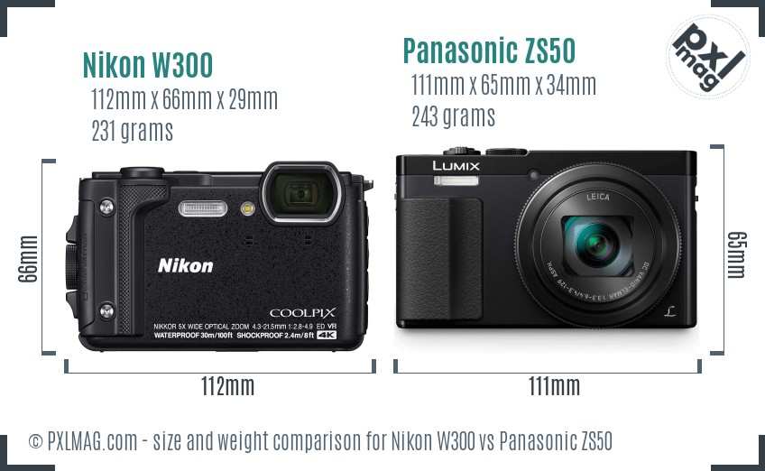 Nikon W300 vs Panasonic ZS50 size comparison