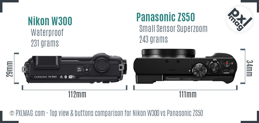 Nikon W300 vs Panasonic ZS50 top view buttons comparison
