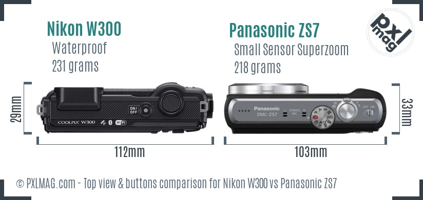 Nikon W300 vs Panasonic ZS7 top view buttons comparison