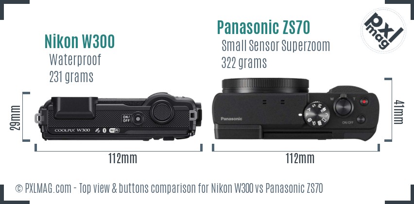 Nikon W300 vs Panasonic ZS70 top view buttons comparison