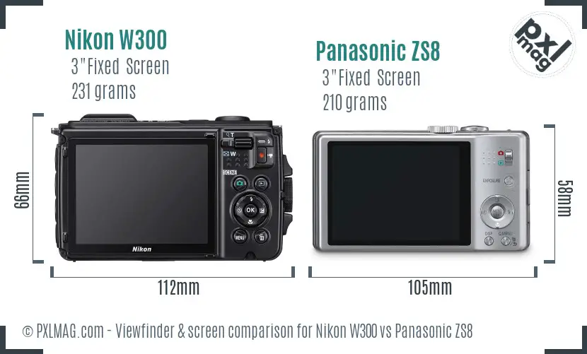 Nikon W300 vs Panasonic ZS8 Screen and Viewfinder comparison