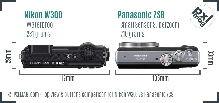 Nikon W300 vs Panasonic ZS8 top view buttons comparison