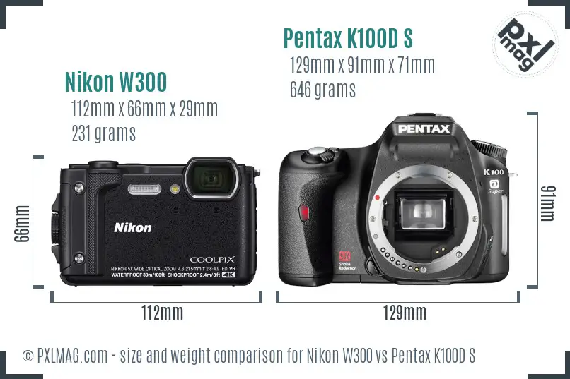 Nikon W300 vs Pentax K100D S size comparison