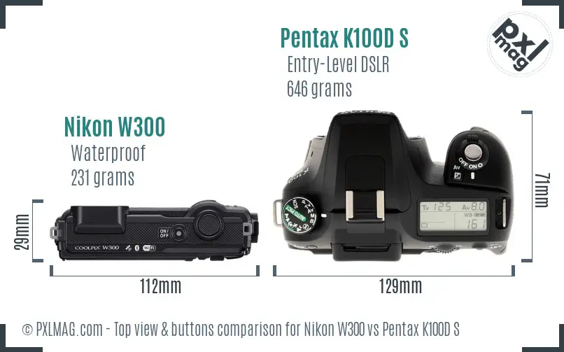 Nikon W300 vs Pentax K100D S top view buttons comparison