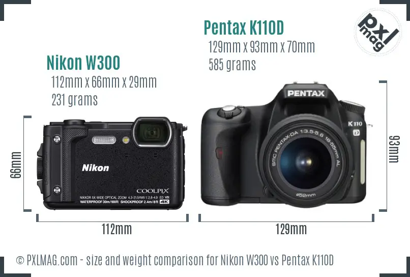 Nikon W300 vs Pentax K110D size comparison
