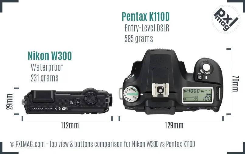 Nikon W300 vs Pentax K110D top view buttons comparison