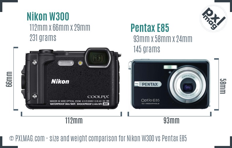 Nikon W300 vs Pentax E85 size comparison