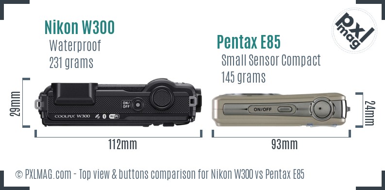 Nikon W300 vs Pentax E85 top view buttons comparison