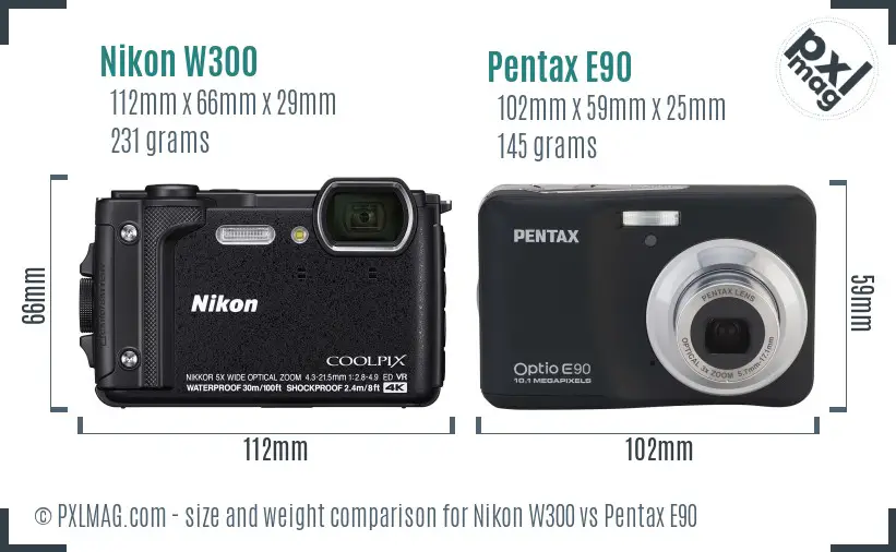 Nikon W300 vs Pentax E90 size comparison