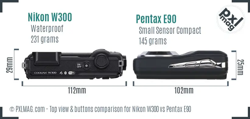 Nikon W300 vs Pentax E90 top view buttons comparison