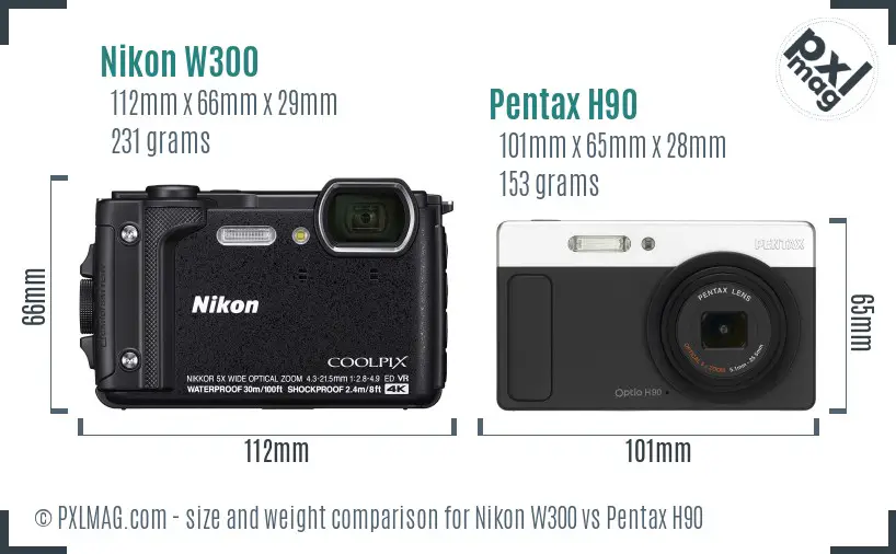 Nikon W300 vs Pentax H90 size comparison