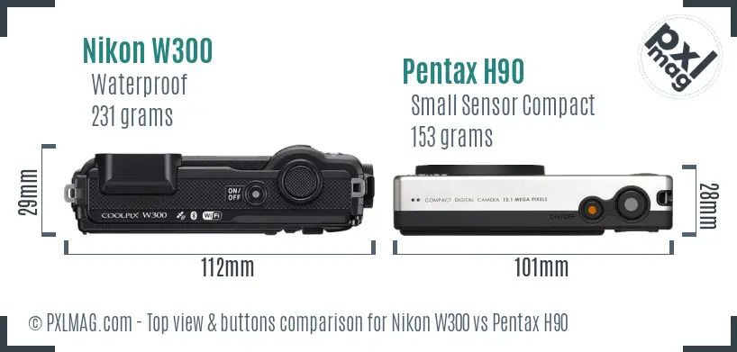 Nikon W300 vs Pentax H90 top view buttons comparison