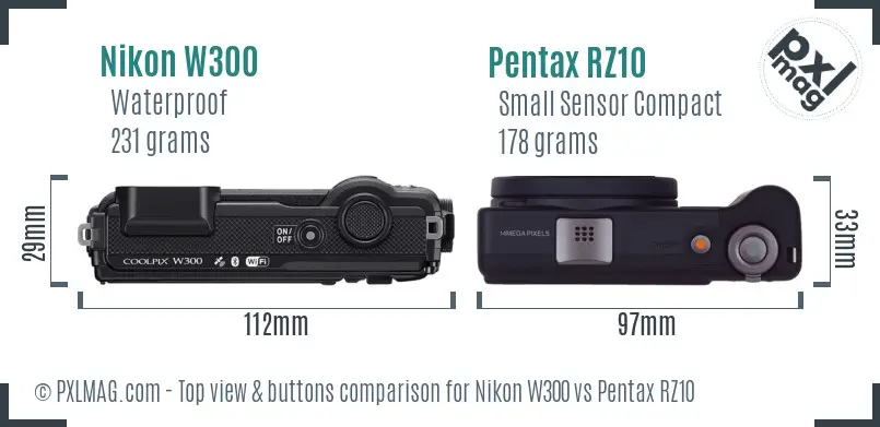 Nikon W300 vs Pentax RZ10 top view buttons comparison Nikon W300 vs Pentax RZ10 top view buttons comparison