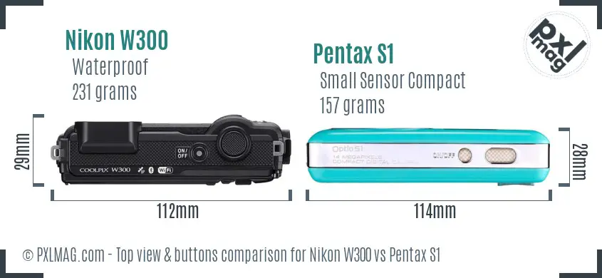 Nikon W300 vs Pentax S1 top view buttons comparison