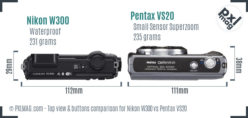 Nikon W300 vs Pentax VS20 top view buttons comparison