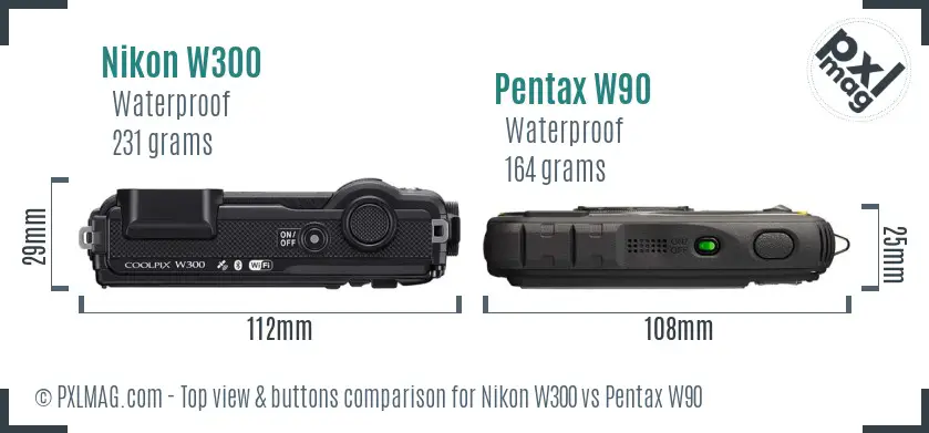 Nikon W300 vs Pentax W90 top view buttons comparison