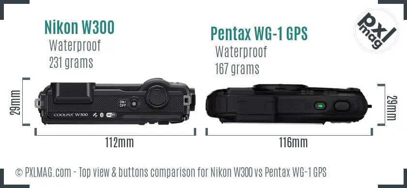 Nikon W300 vs Pentax WG-1 GPS top view buttons comparison