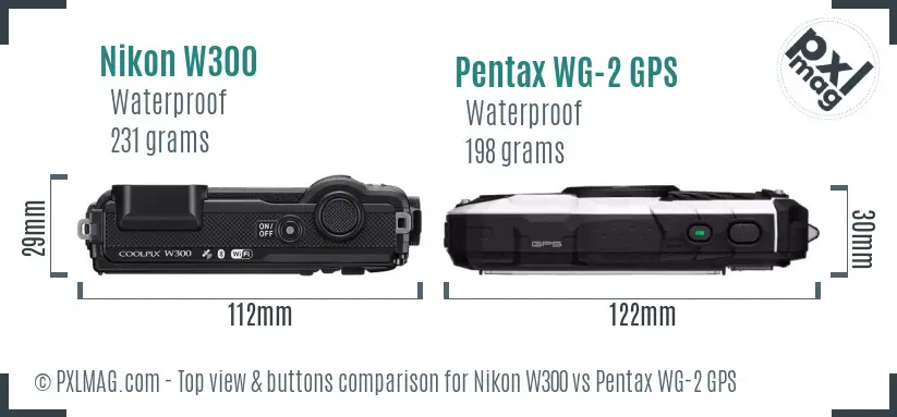 Nikon W300 vs Pentax WG-2 GPS top view buttons comparison