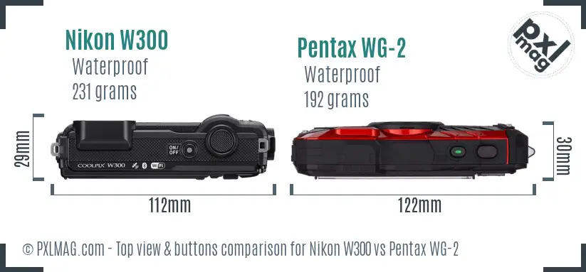 Nikon W300 vs Pentax WG-2 top view buttons comparison