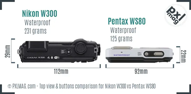 Nikon W300 vs Pentax WS80 top view buttons comparison