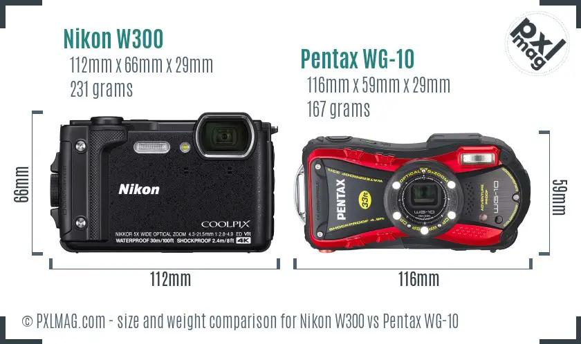 Nikon W300 vs Pentax WG-10 size comparison